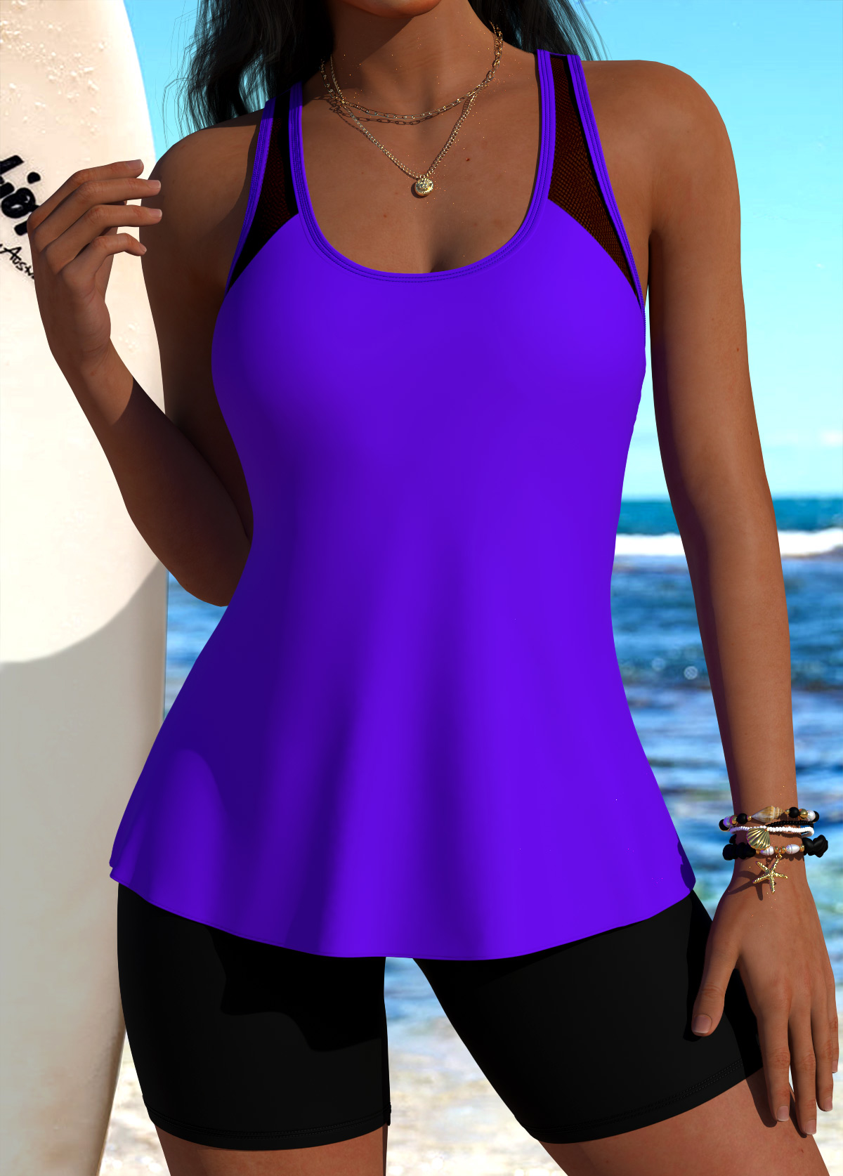 Purple Mid Waisted Scoop Neck Tankini Set | picture 