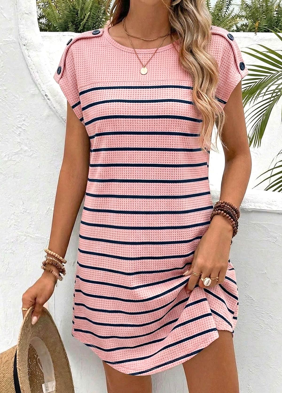 Pink Striped Short Round Neck Dress | picture 