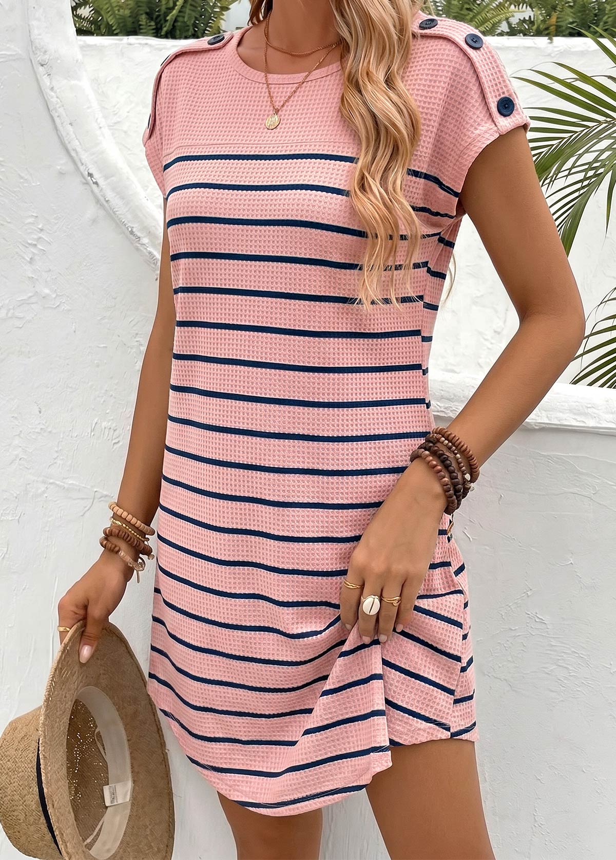 Pink Striped Short Round Neck Dress | picture 