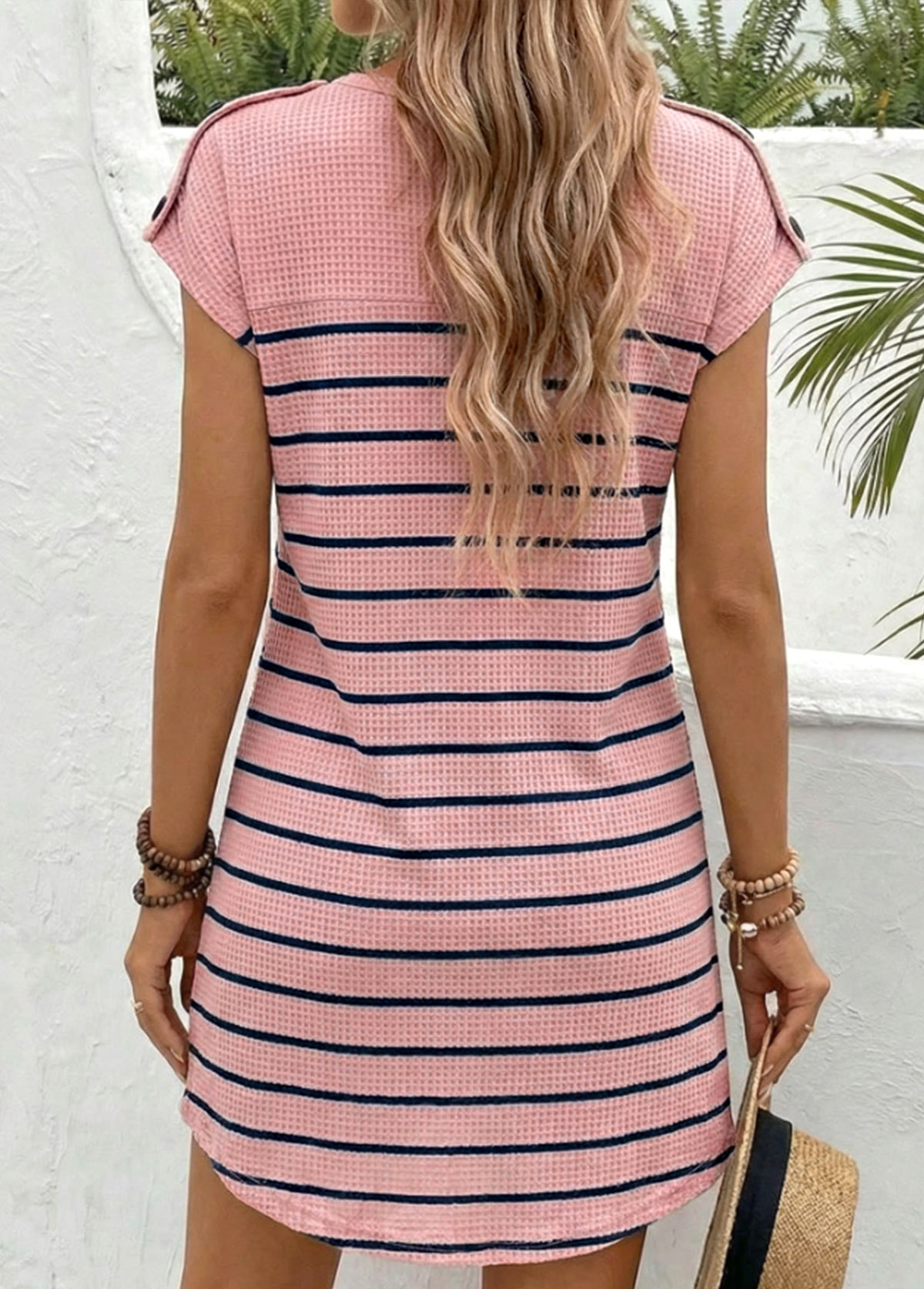 Pink Striped Short Round Neck Dress | picture 