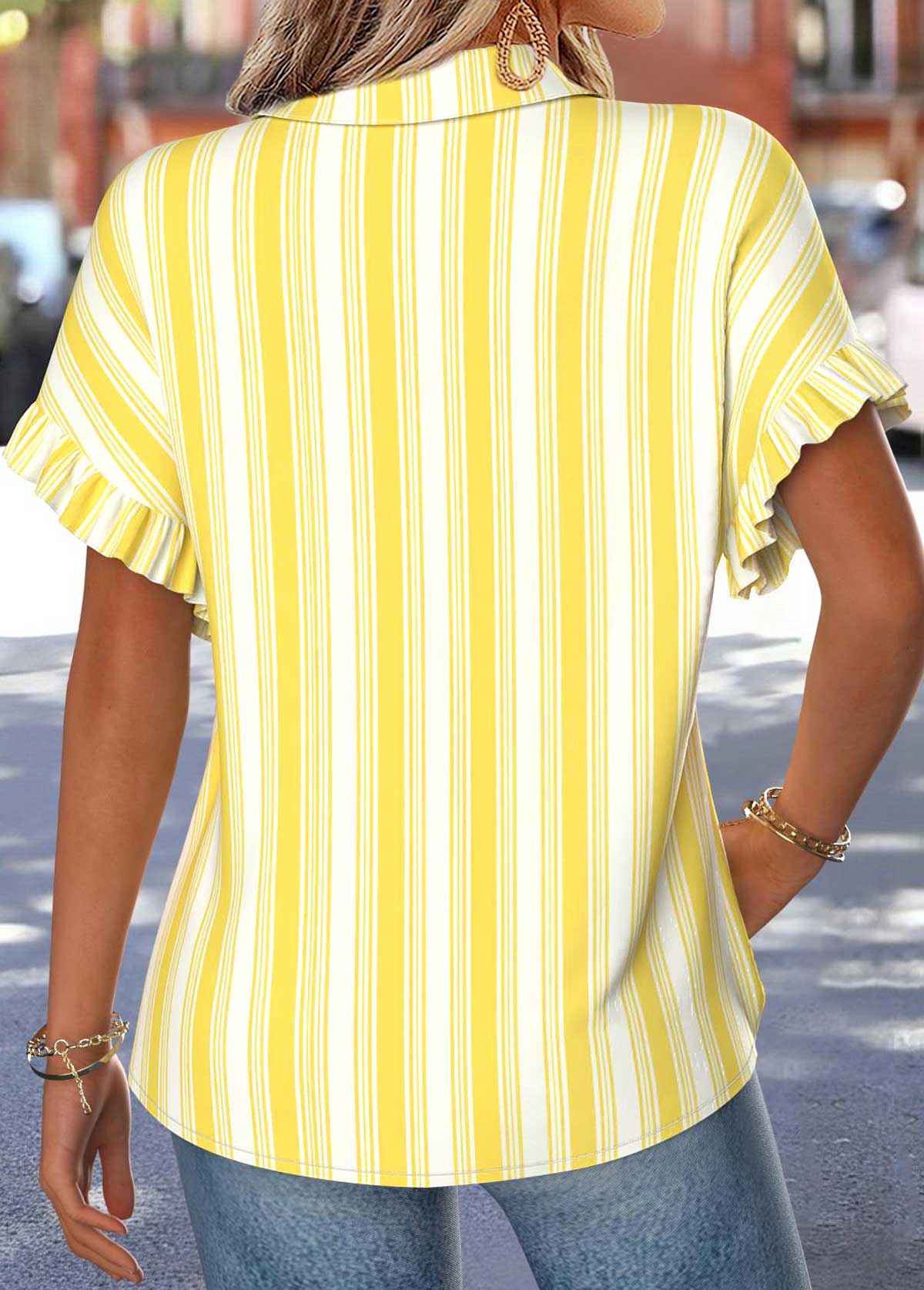 Yellow Striped Ruffle Short Sleeve Shirt Collar Blouse | picture 