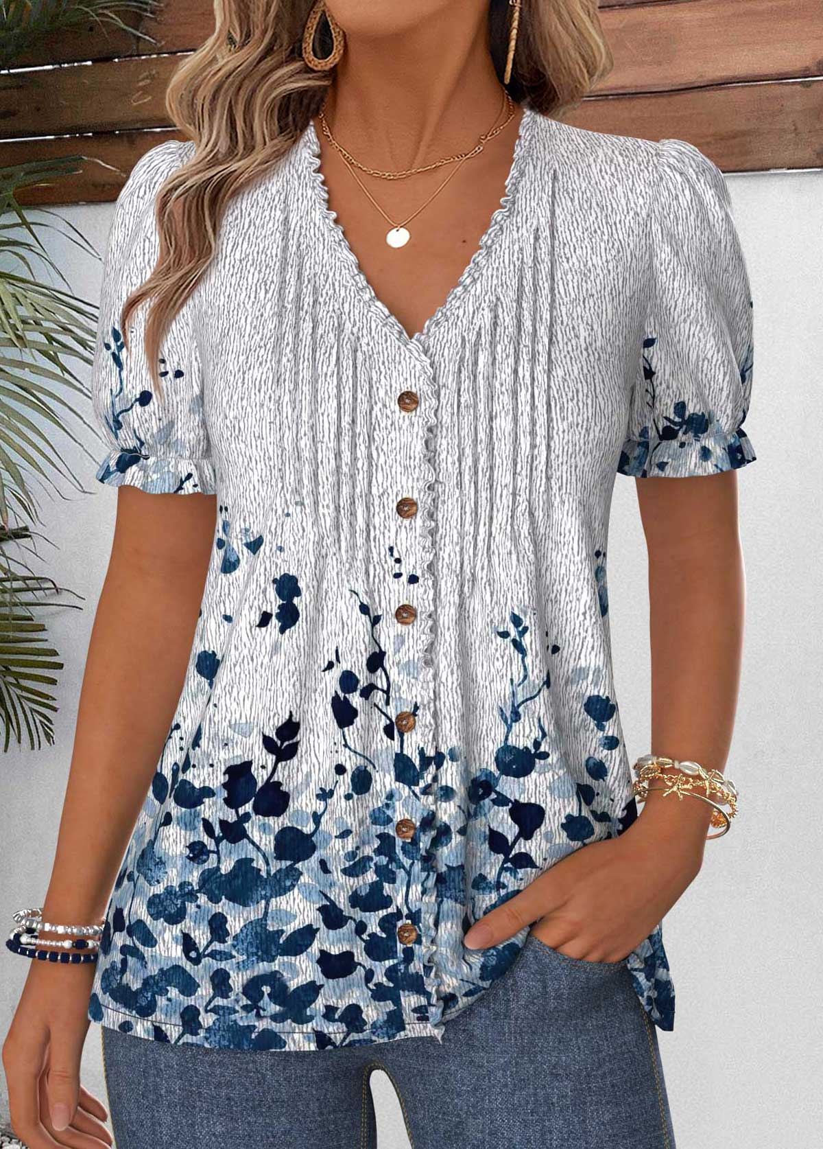 Grey Leaf Print Frill Short Sleeve T Shirt | picture 