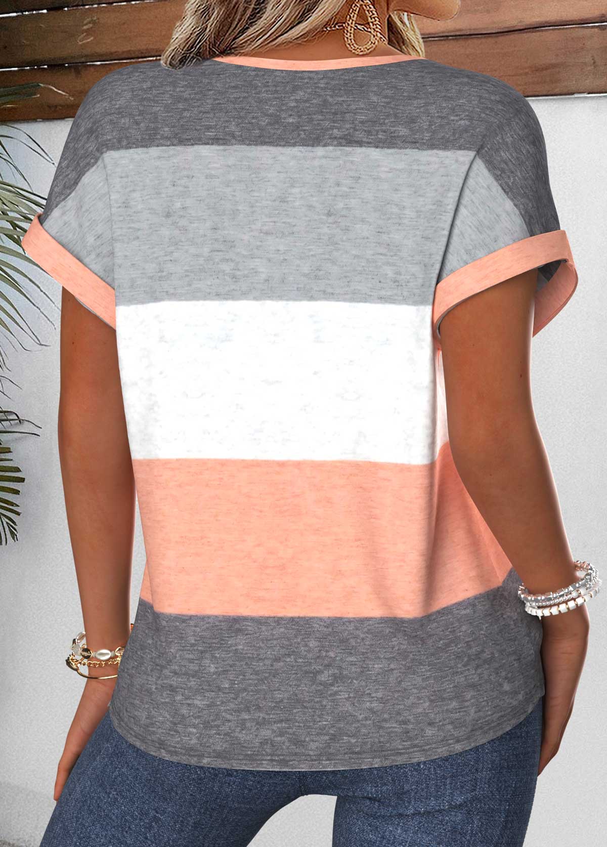 Dusty Pink Striped Tummy Coverage Short Sleeve Blouse | picture 