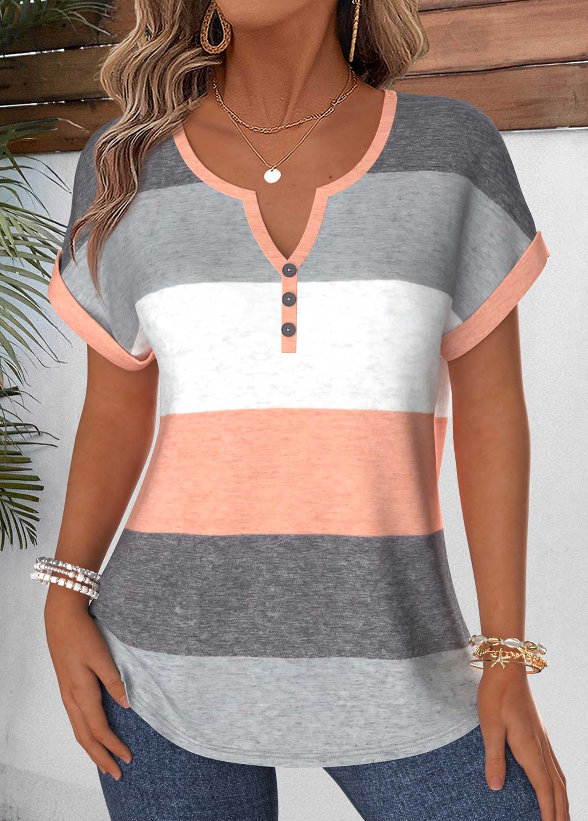 Dusty Pink Striped Tummy Coverage Short Sleeve Blouse | picture 