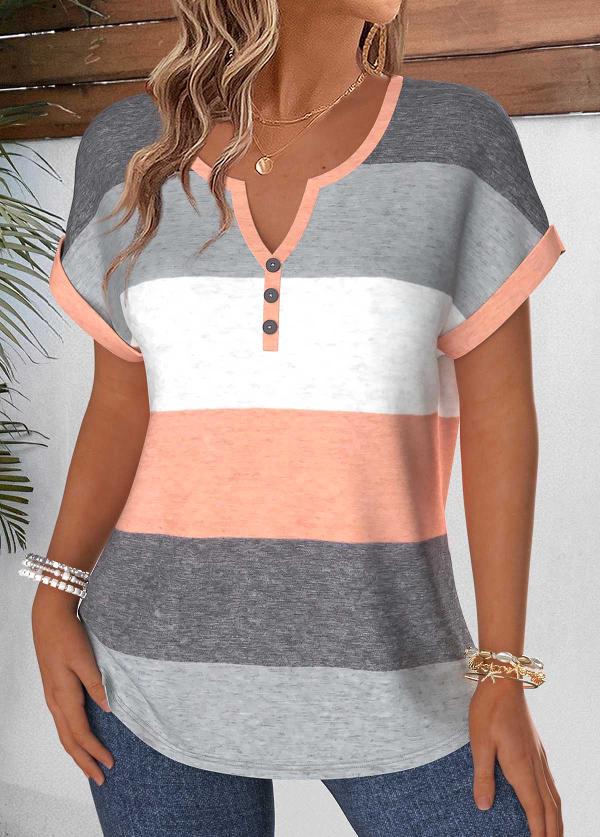 Dusty Pink Striped Tummy Coverage Short Sleeve Blouse | picture 