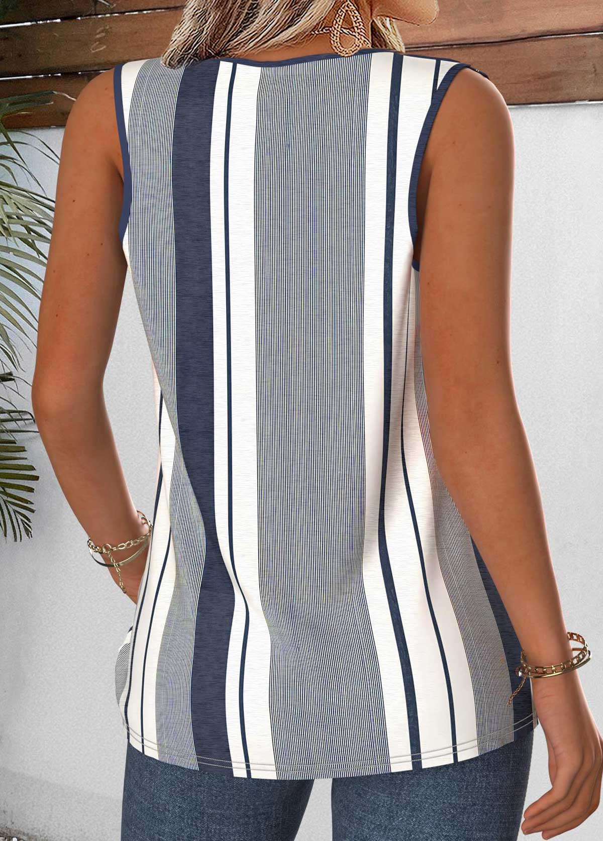 Navy Striped Patchwork Sleeveless Asymmetrical Neck Tank Top | picture 