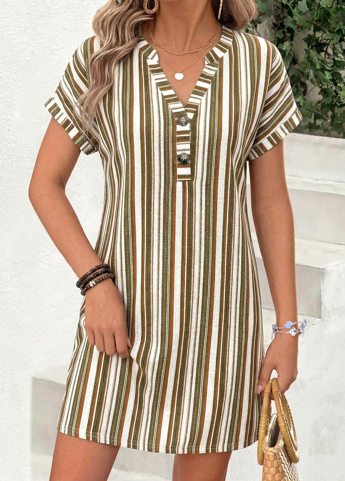 Multi Color Striped Short Tummy Coverage Split Neck Dress | picture 
