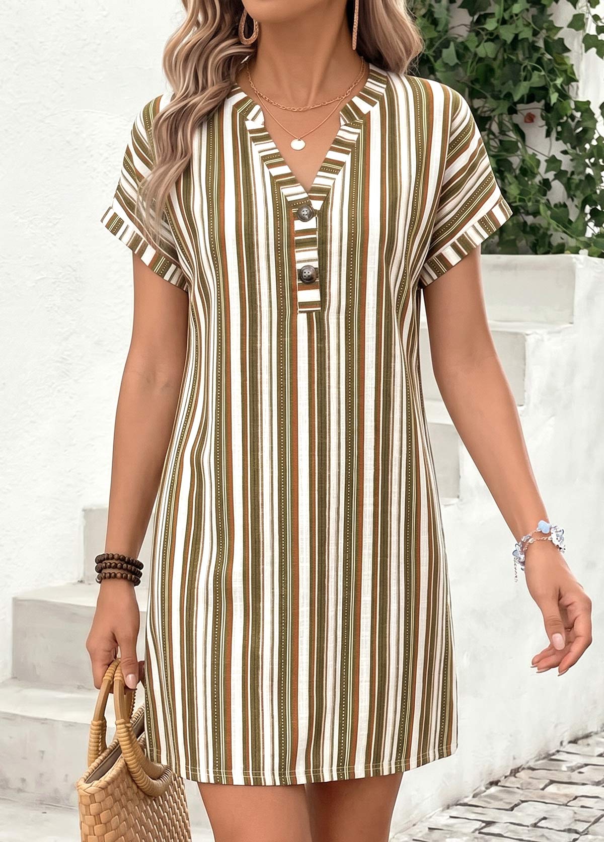 Multi Color Striped Short Tummy Coverage Split Neck Dress | picture 