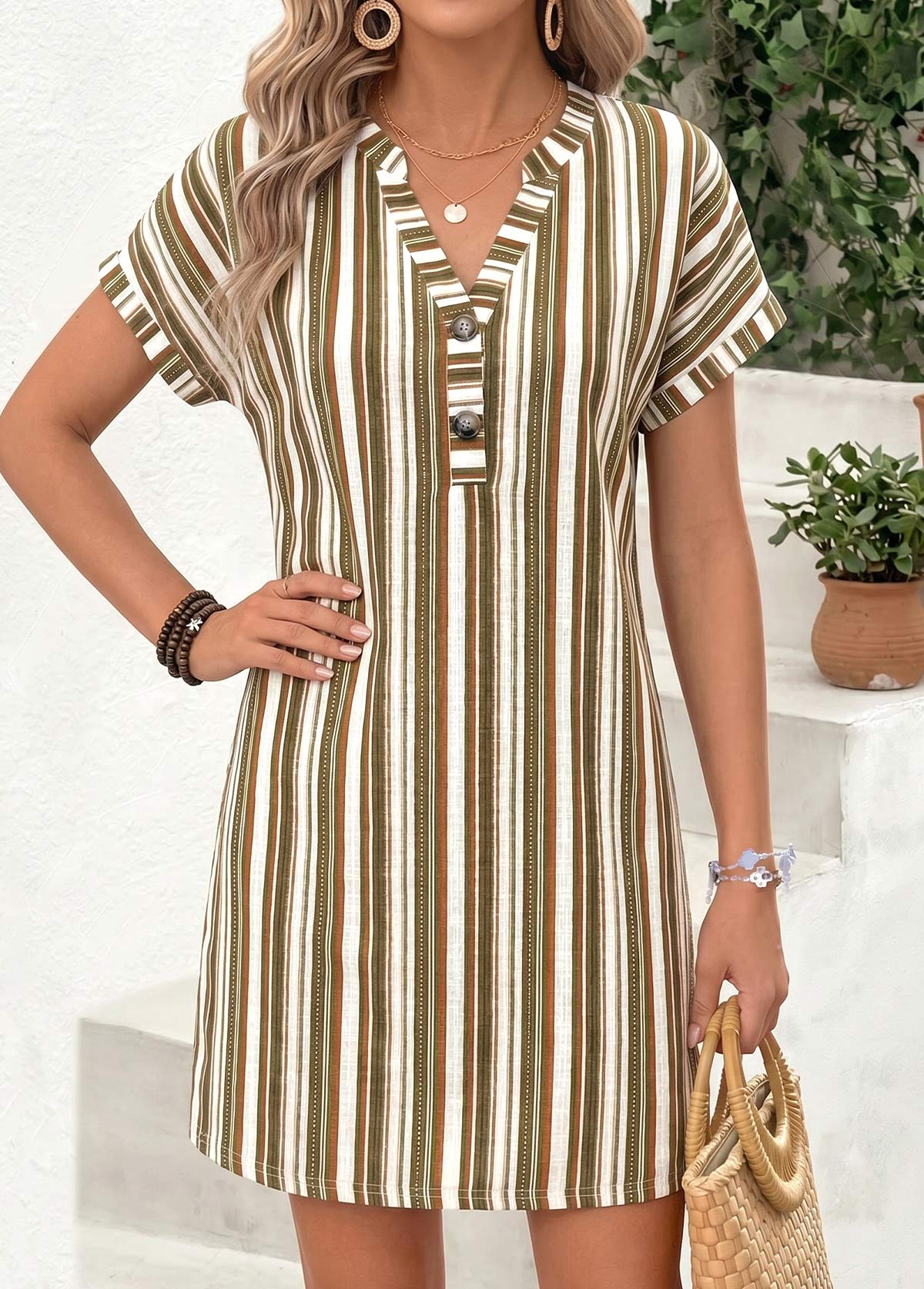 Multi Color Striped Short Tummy Coverage Split Neck Dress | picture 