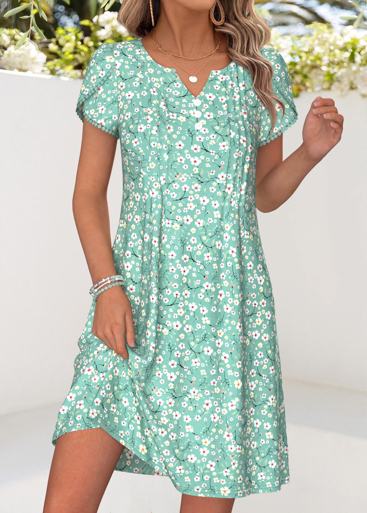 Green Ditsy Floral Print Short Tuck Stitch Dress | picture 