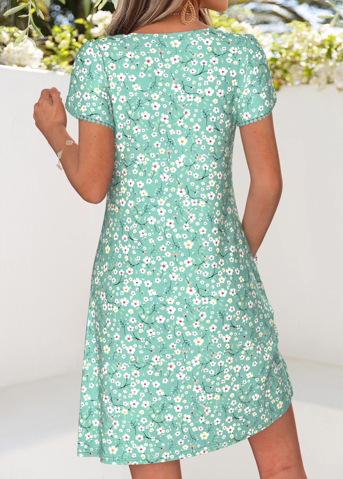 Green Ditsy Floral Print Short Tuck Stitch Dress | picture 