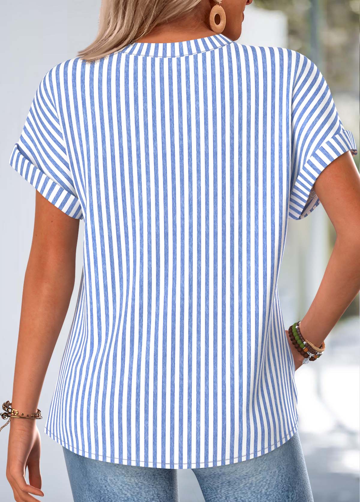 Blue Striped Button Short Sleeve Split Neck Blouse | picture 