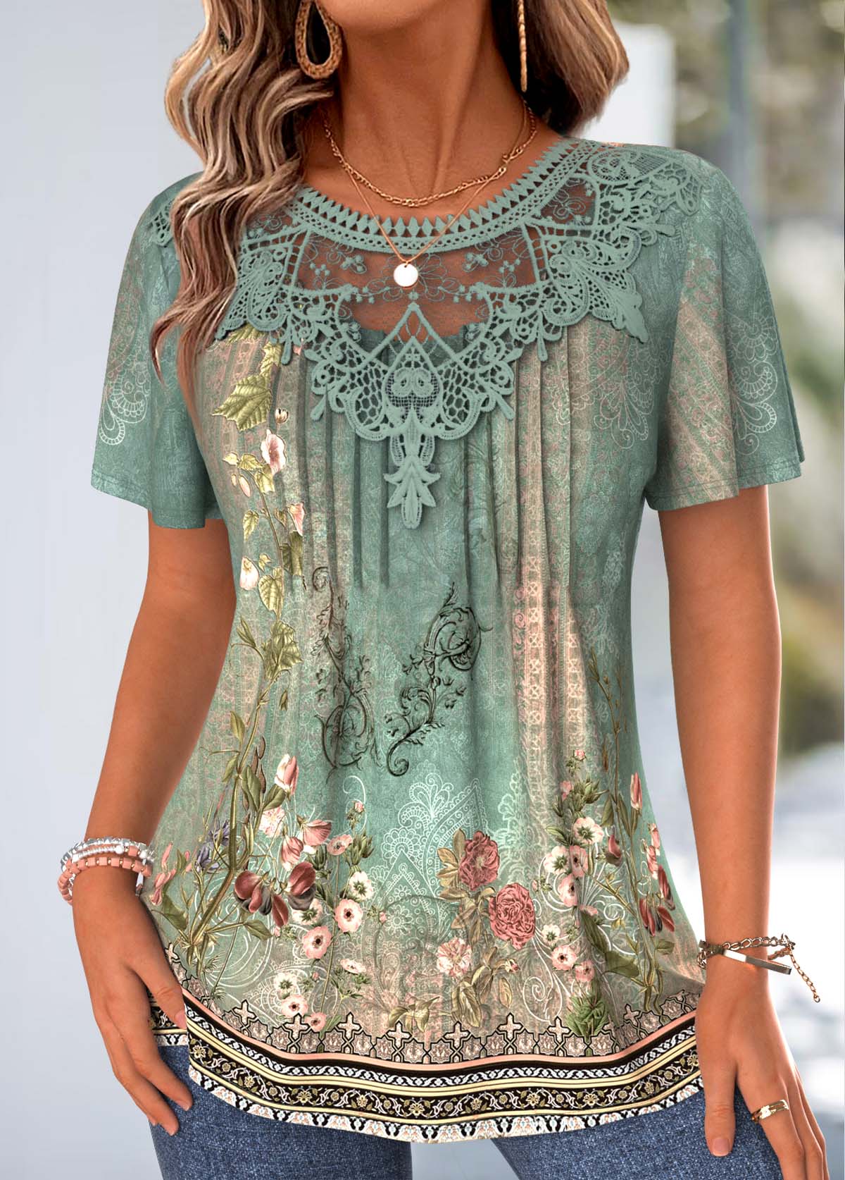 Green Tribal Print Tuck Stitch Short Sleeve T Shirt | picture 