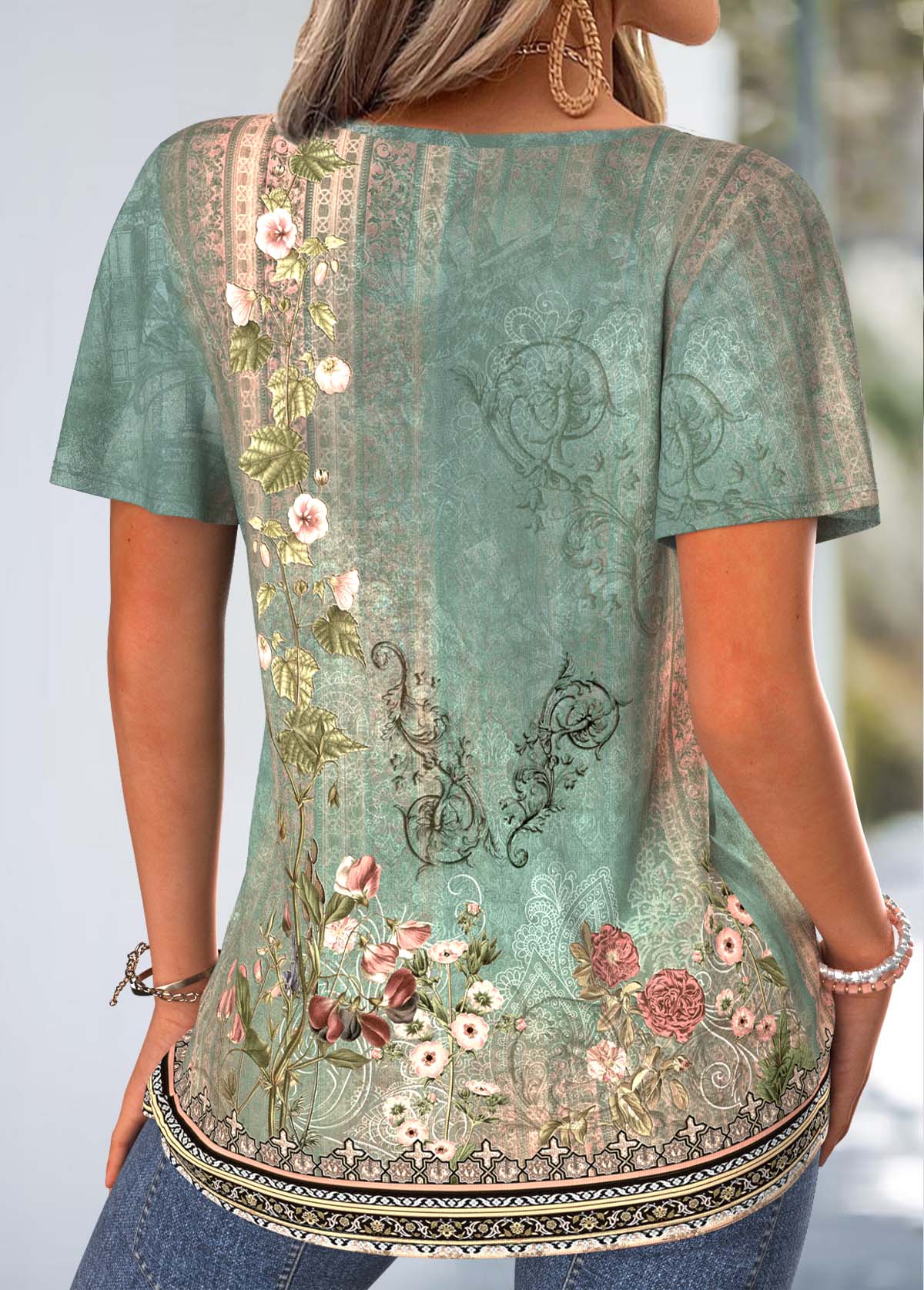 Green Tribal Print Tuck Stitch Short Sleeve T Shirt | picture 