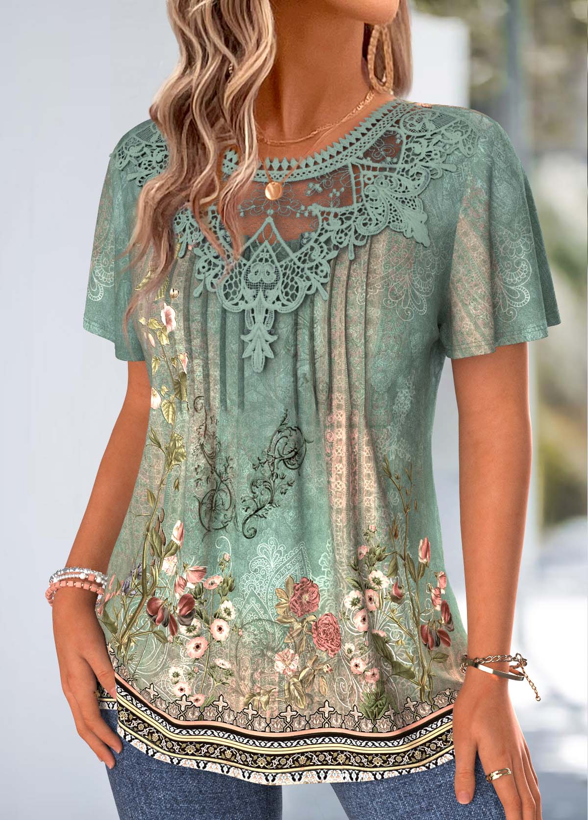 Green Tribal Print Tuck Stitch Short Sleeve T Shirt | picture 