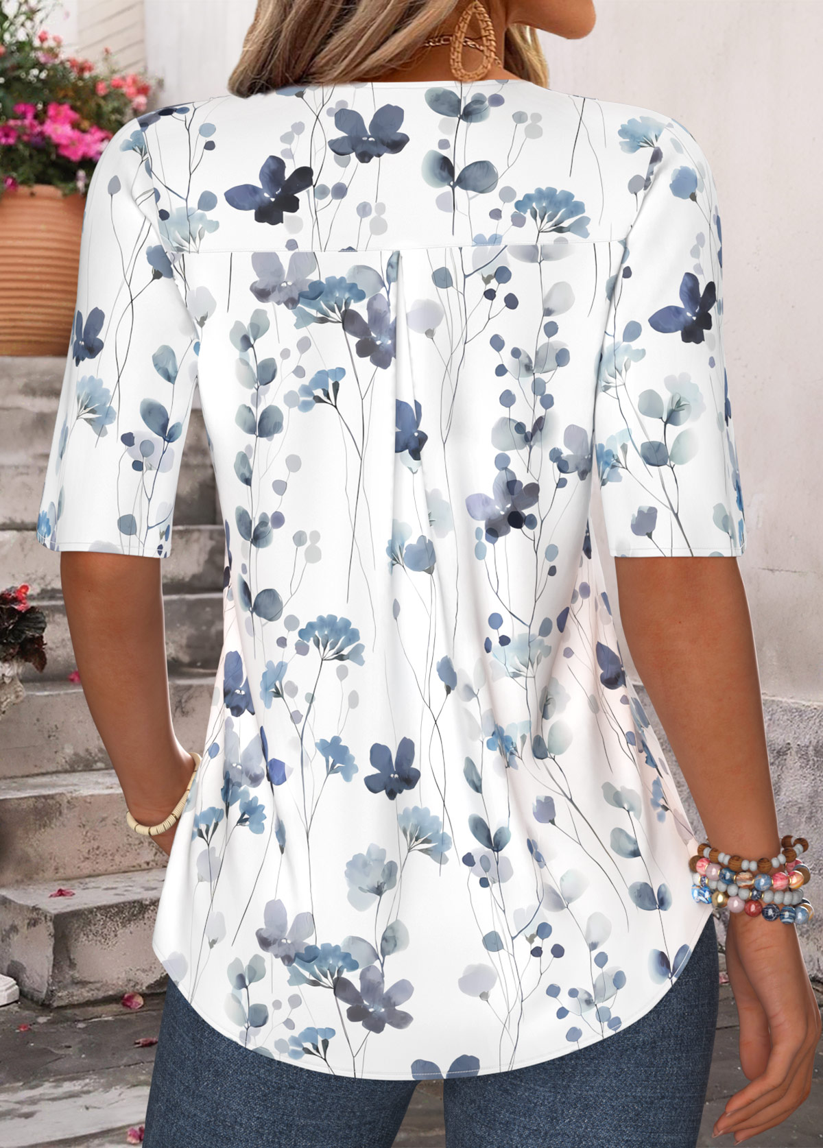 Blue Floral Print Ruffle Half Sleeve V Neck Blouse | picture 