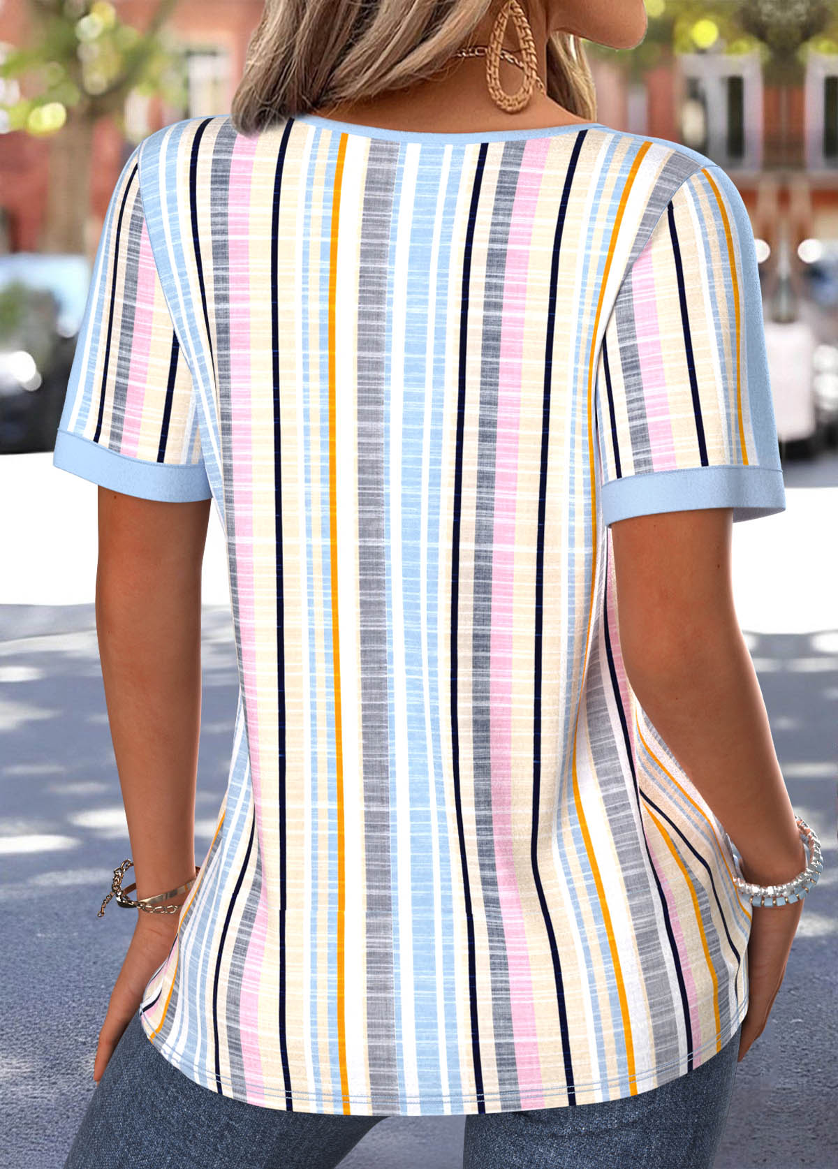 Multi Color Striped Patchwork Short Sleeve T Shirt | picture 