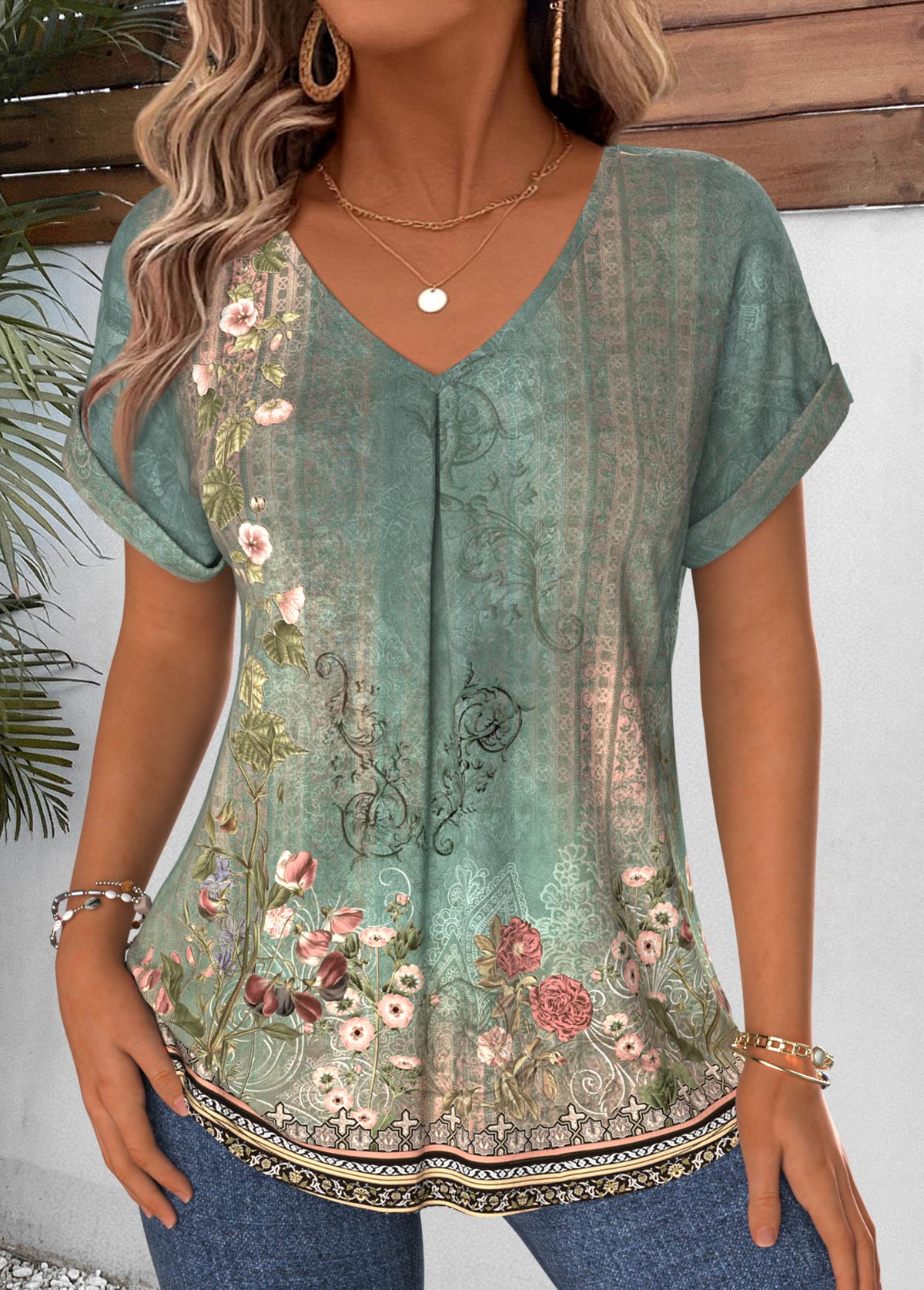 Sage Green Tribal Print Curved Hem T Shirt | picture 