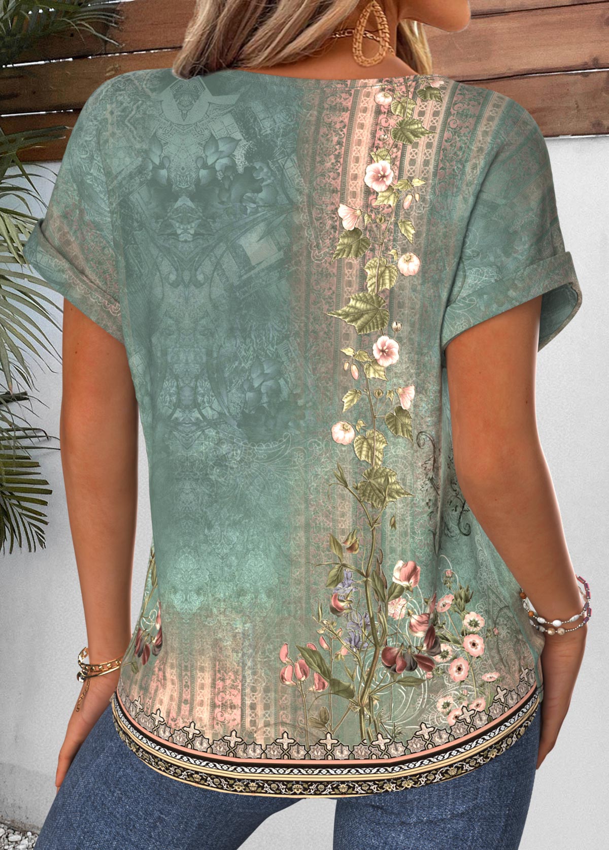 Sage Green Tribal Print Curved Hem T Shirt | picture 