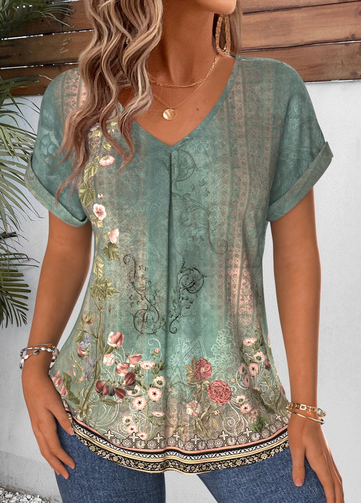 Sage Green Tribal Print Curved Hem T Shirt | picture 