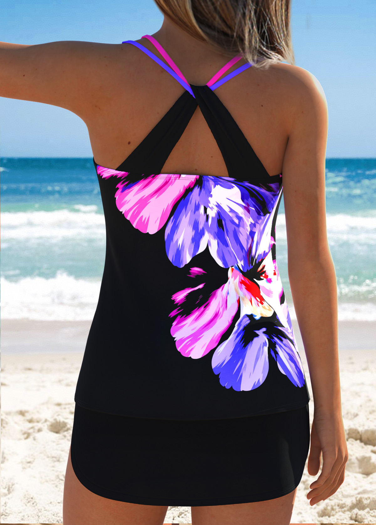 Black Mid Waisted Lace Up Floral Print Tankini Set | picture 