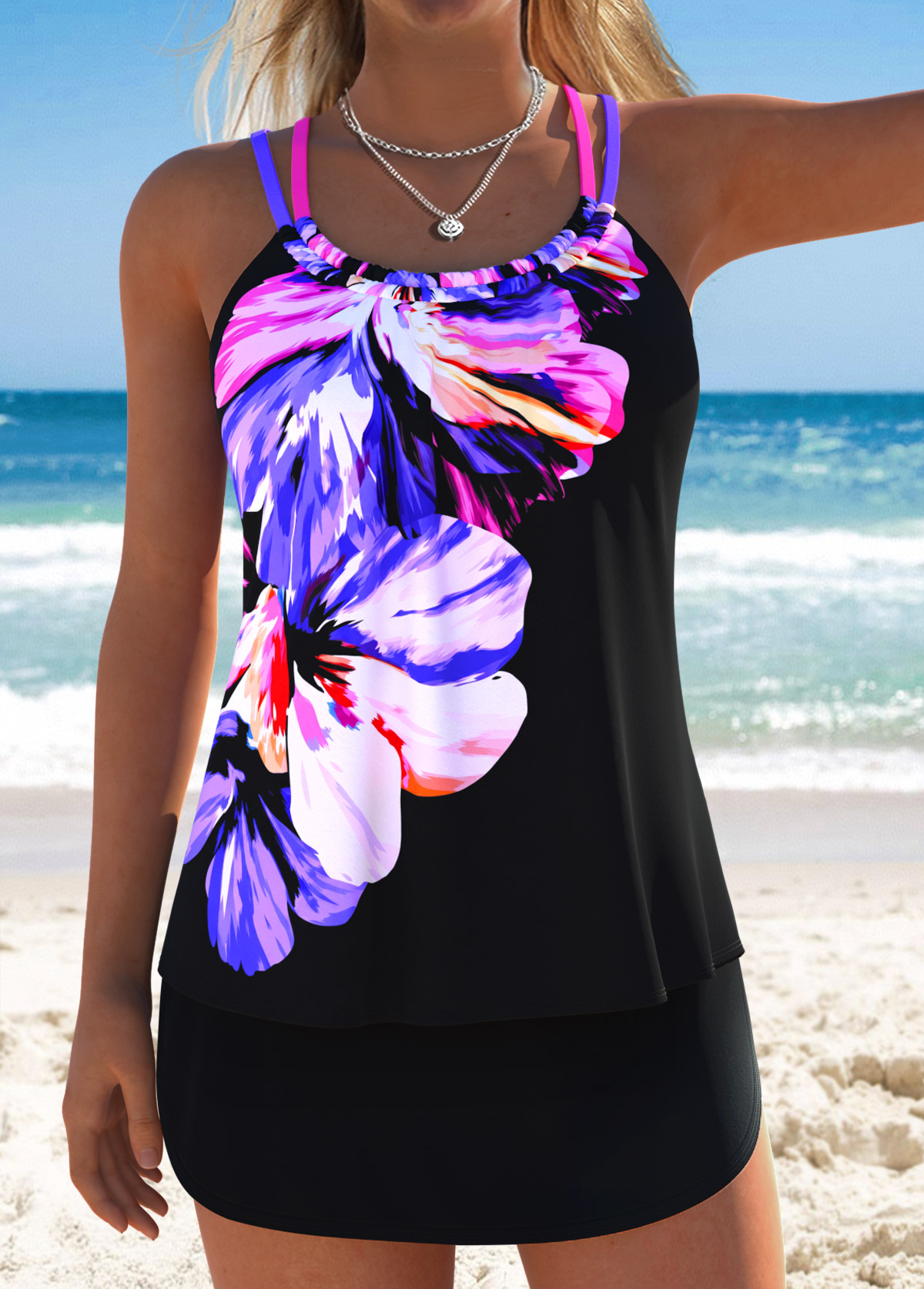 Black Mid Waisted Lace Up Floral Print Tankini Set | picture 
