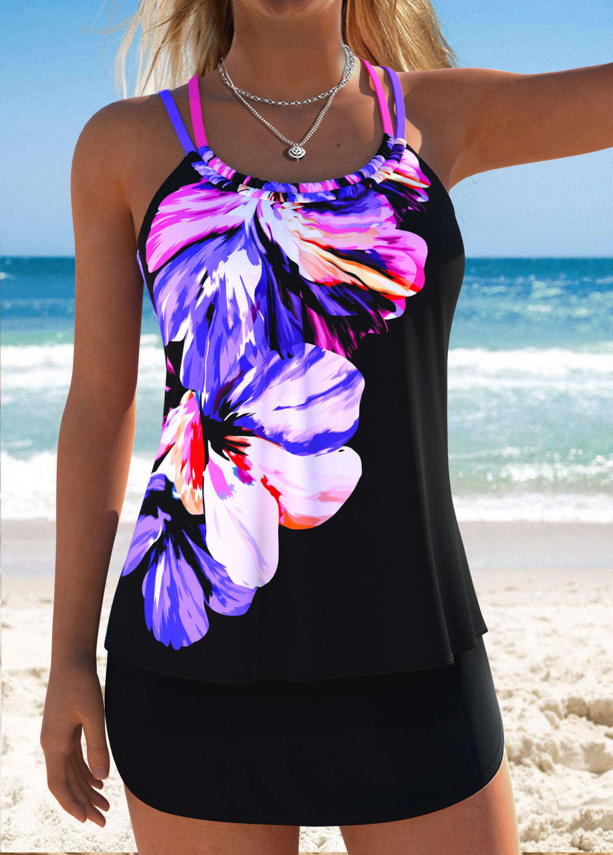 Black Mid Waisted Lace Up Floral Print Tankini Set | picture 