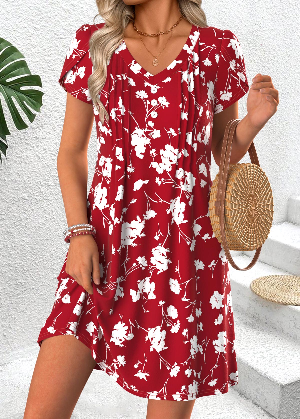 Red Floral Print Short Tuck Stitch V Neck Dress | picture 