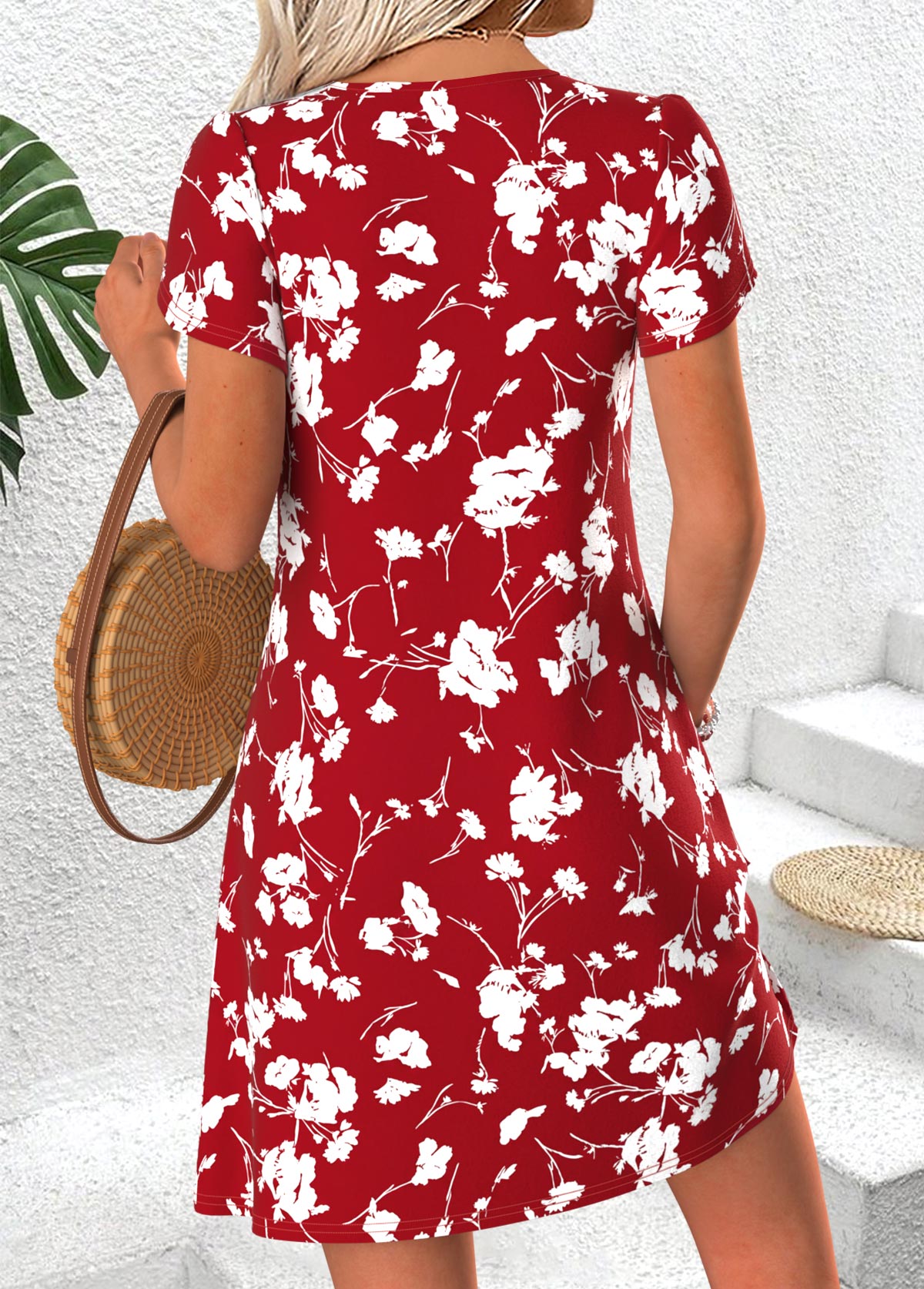 Red Floral Print Short Tuck Stitch V Neck Dress | picture 