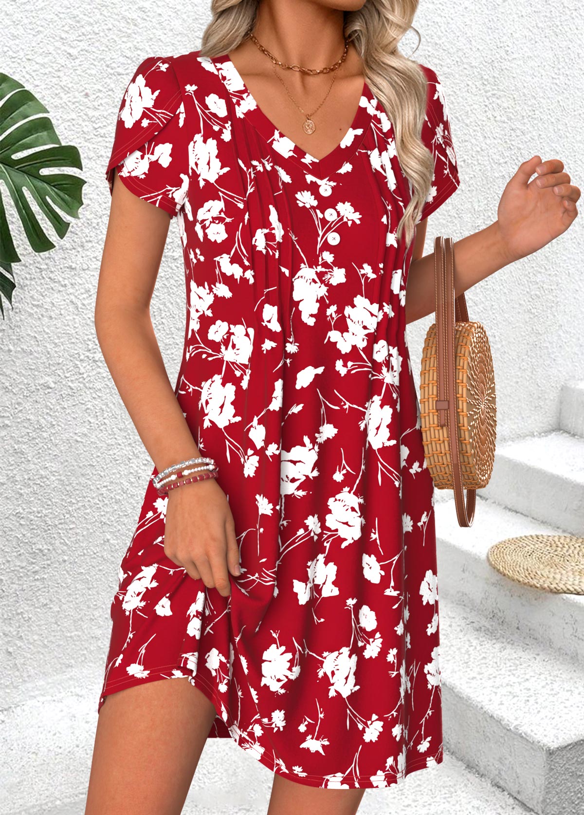 Red Floral Print Short Tuck Stitch V Neck Dress | picture 