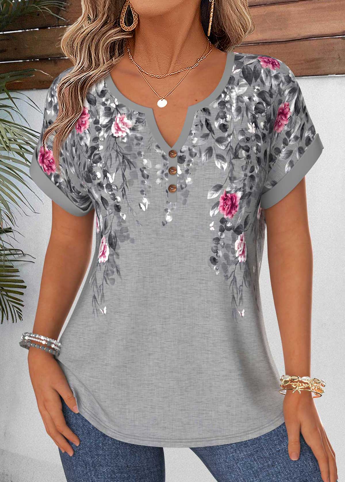 Modlily Grey Floral Print Tummy Coverage Short Sleeve Blouse - M