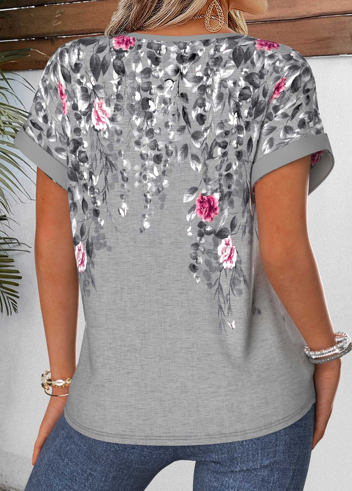 Grey Floral Print Tummy Coverage Short Sleeve Blouse | picture 