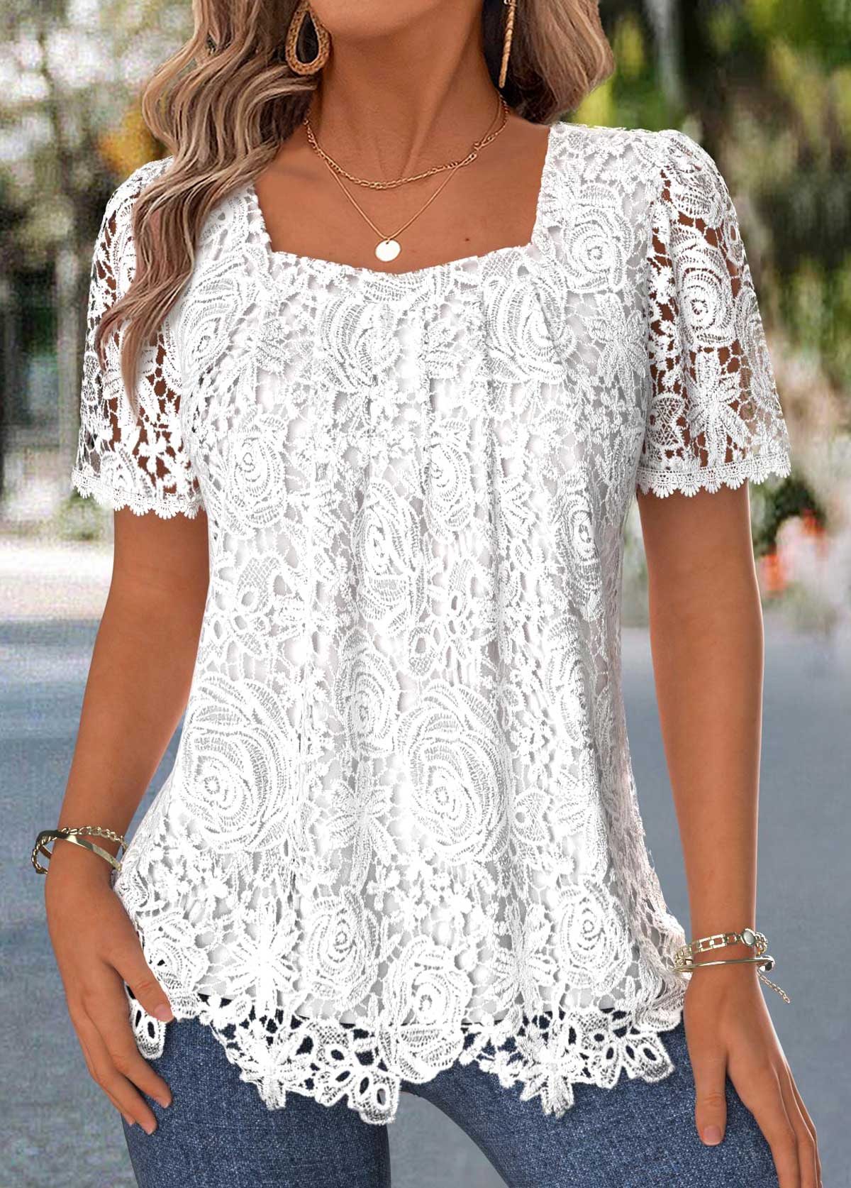 Raw White Layered Short Sleeve Square Neck T Shirt | picture 