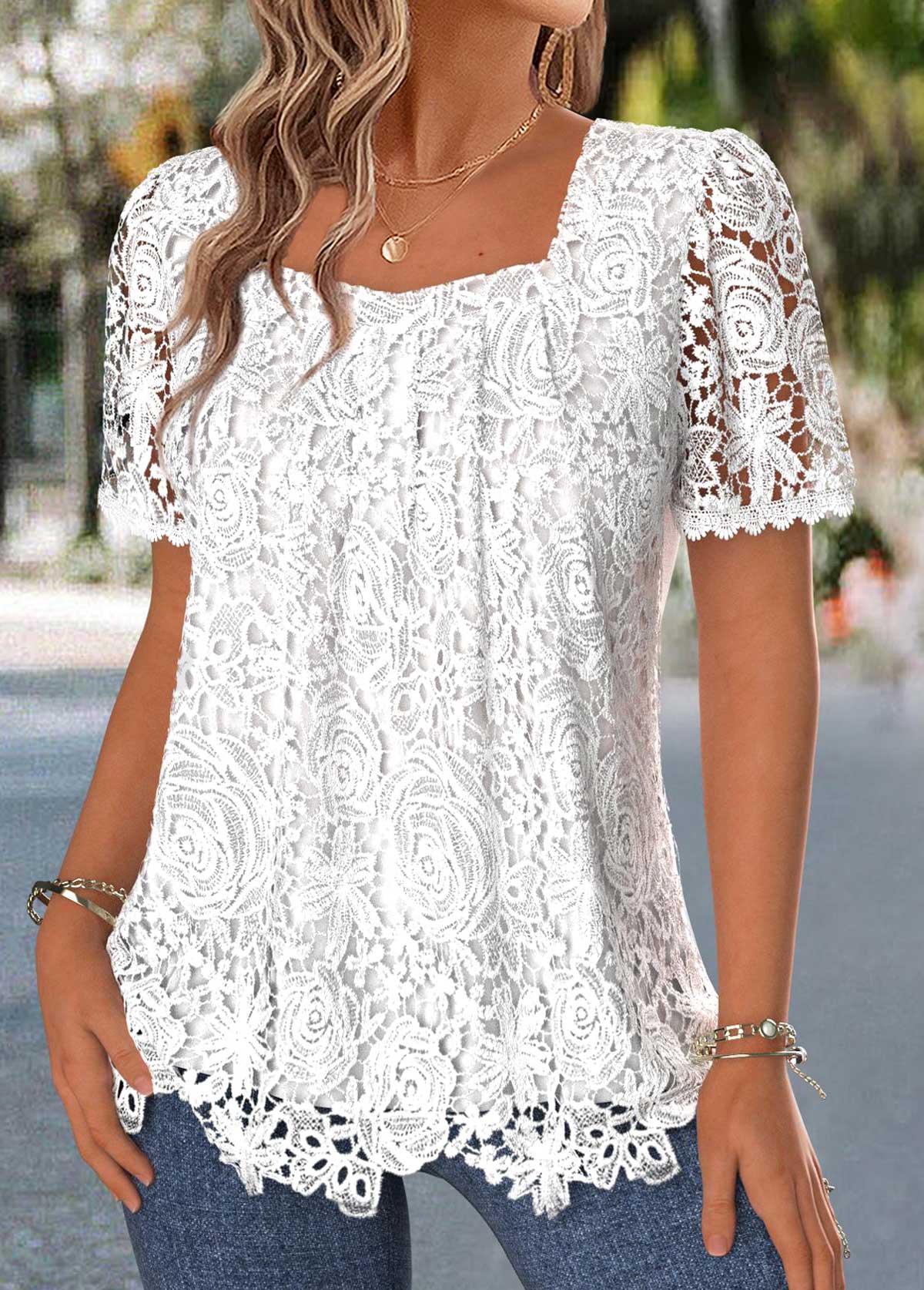 Raw White Layered Short Sleeve Square Neck T Shirt | picture 