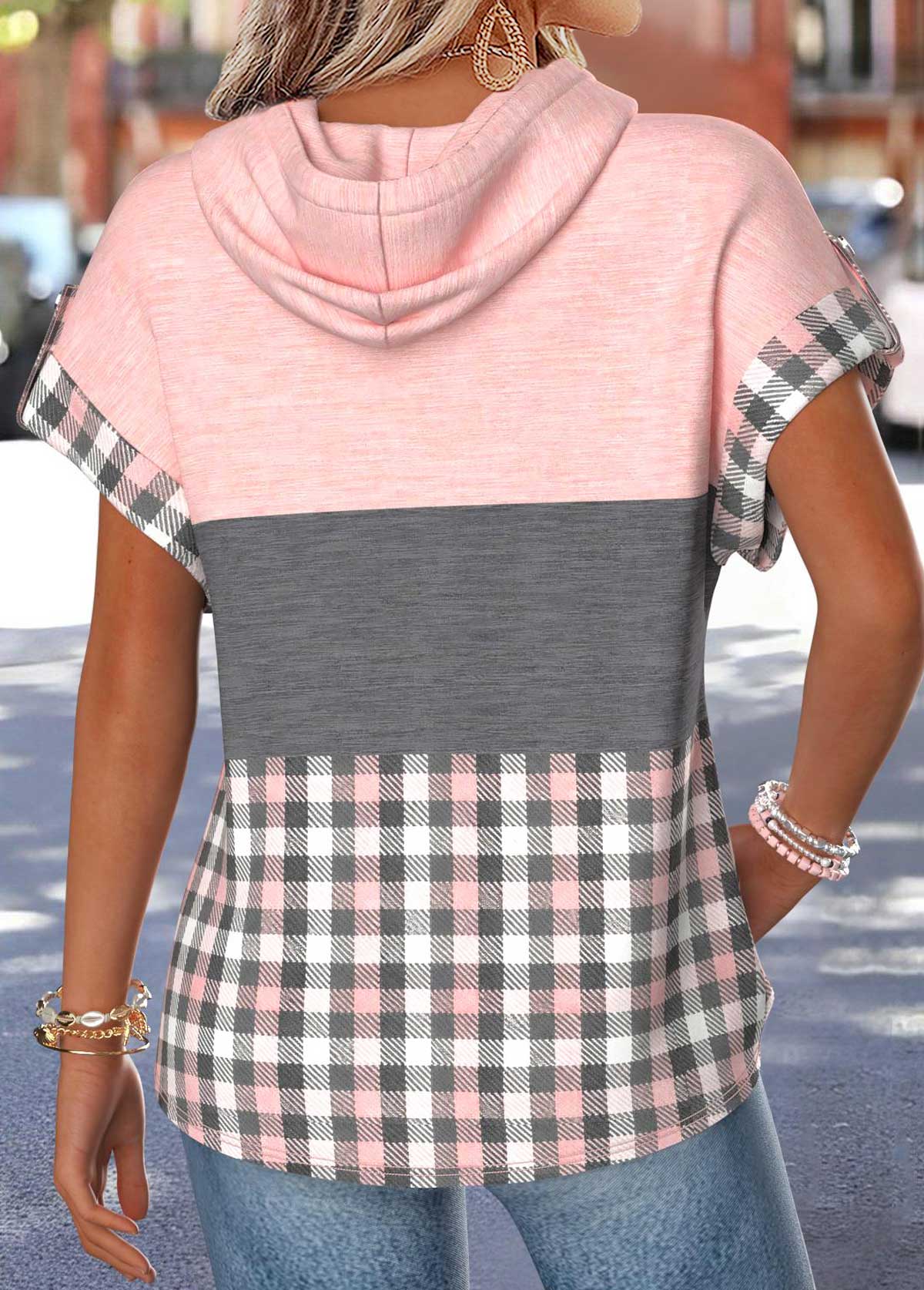Pink Geometric Print Curved Hem Short Sleeve T Shirt | picture 