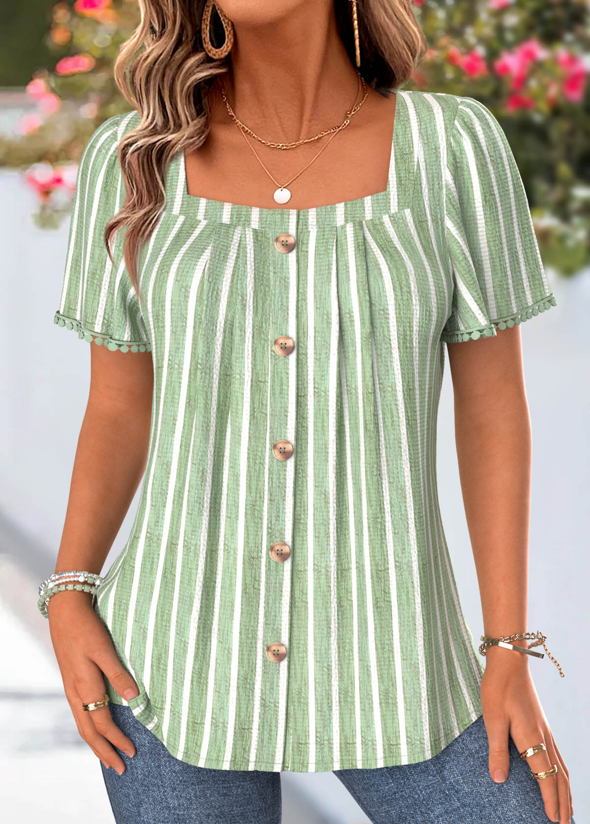Green Striped Pleated Short Sleeve Square Neck T Shirt | picture 