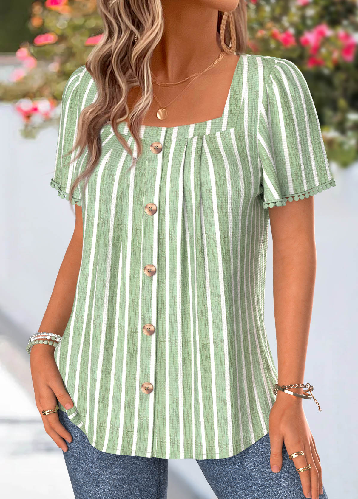 Green Striped Pleated Short Sleeve Square Neck T Shirt | picture 