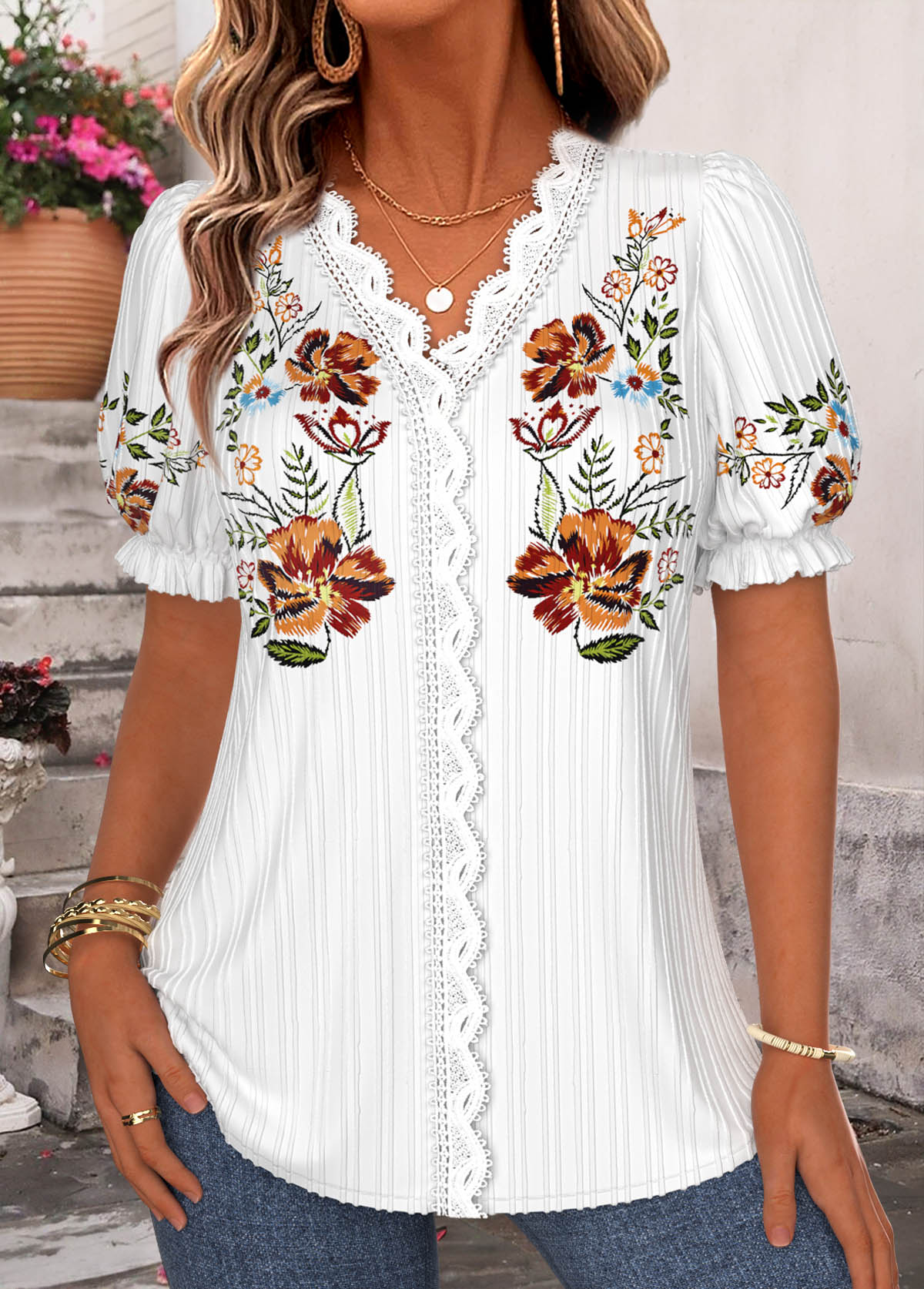 White Floral Print Short Sleeve V Neck Blouse | picture 