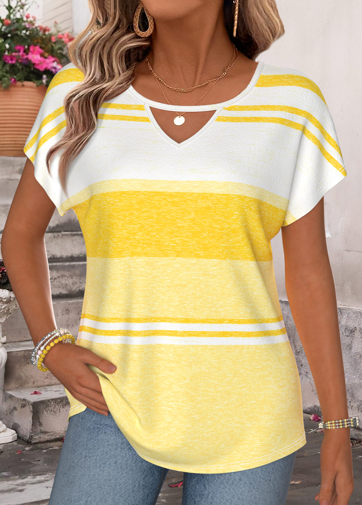 Yellow Striped Short Sleeve Round Neck T Shirt | picture 