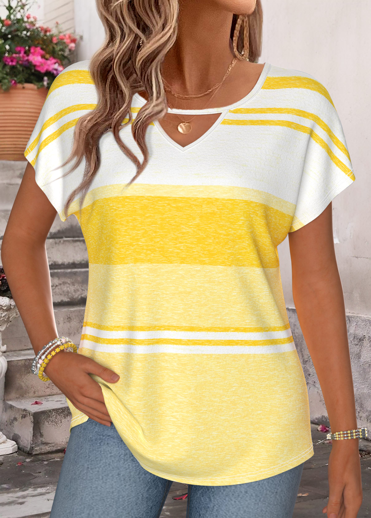 Yellow Striped Short Sleeve Round Neck T Shirt | picture 