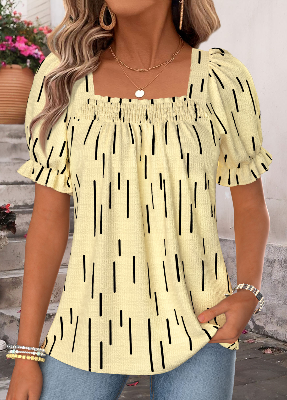 Light Yellow Geometric Print Patchwork Short Sleeve Blouse | picture 