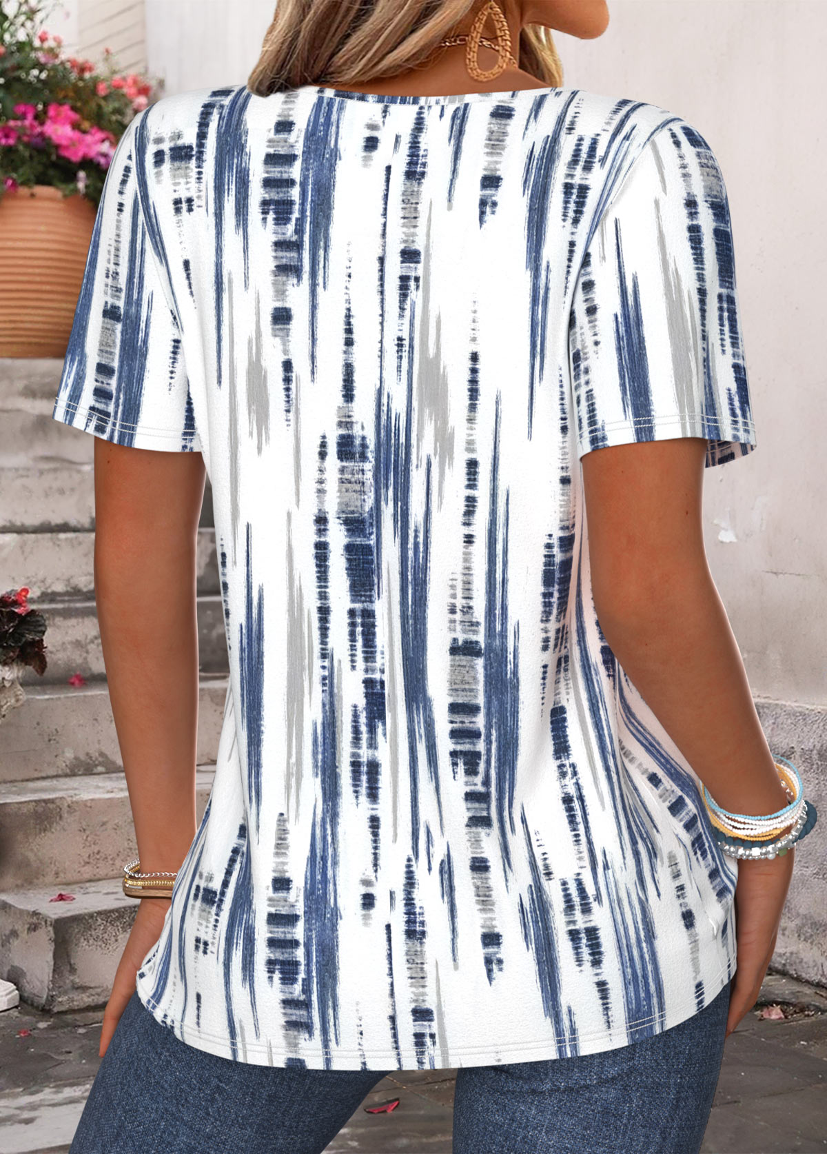 Blue Striped Short Sleeve Split Neck T Shirt | picture 