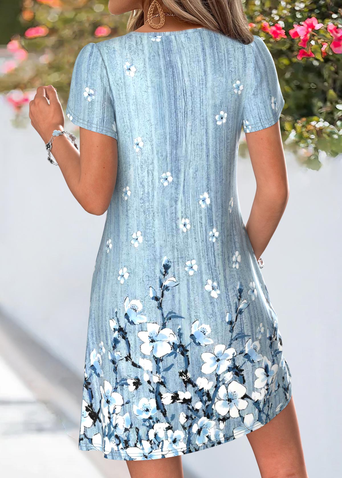 Blue Floral Print Short Tuck Stitch V Neck Dress | picture 