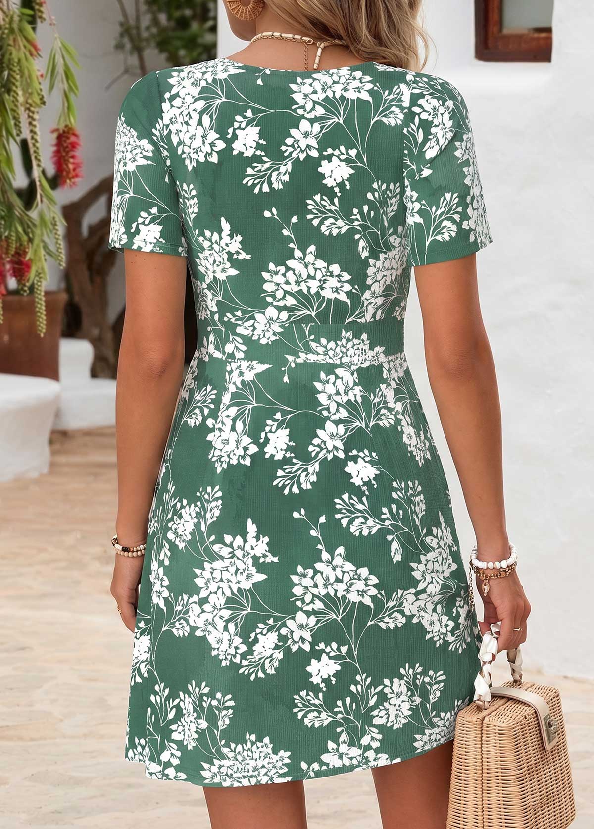 Green Floral Print Short Tummy Coverage V Neck Dress | picture 