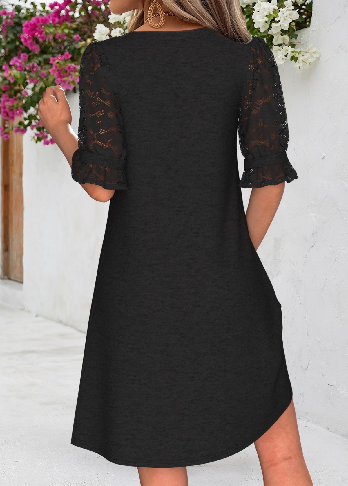 Black Short Shirred Half Sleeve Split Neck Dress | picture 