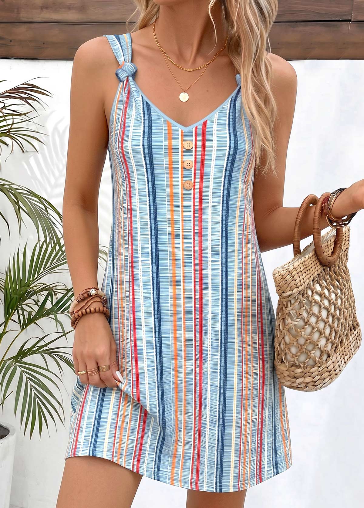 Multi Color Striped Short Twist Strappy V Neck Dress | picture 