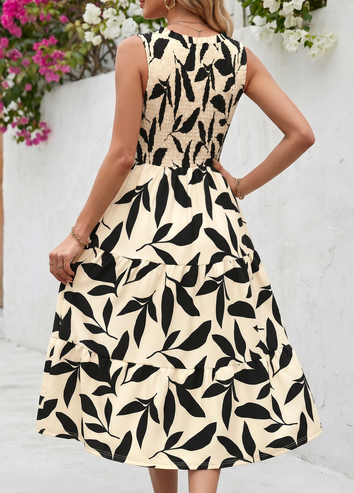 Light Camel Leaf Print Smocked Sleeveless Round Neck Dress | picture 