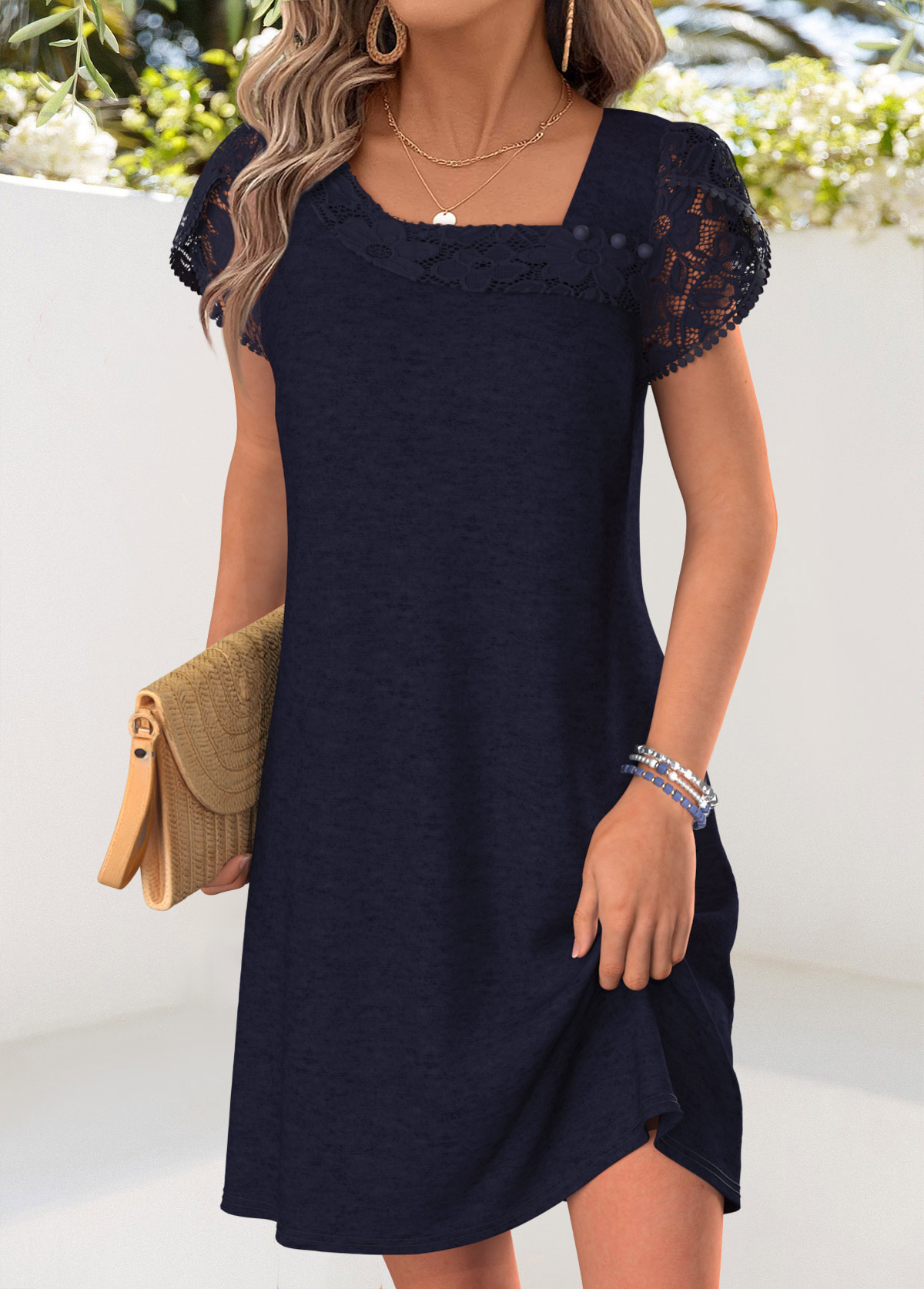 Navy Short Patchwork Asymmetrical Neck Dress | picture 