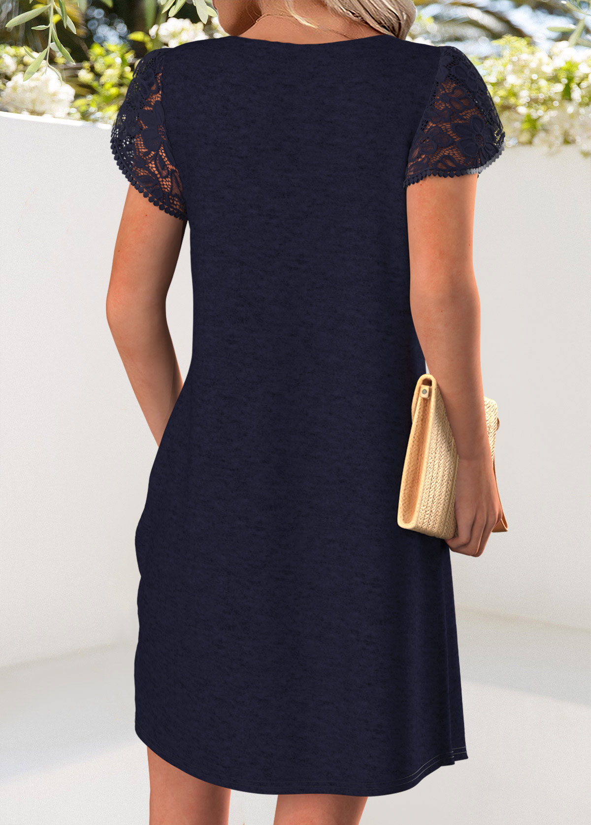 Navy Short Patchwork Asymmetrical Neck Dress | picture 