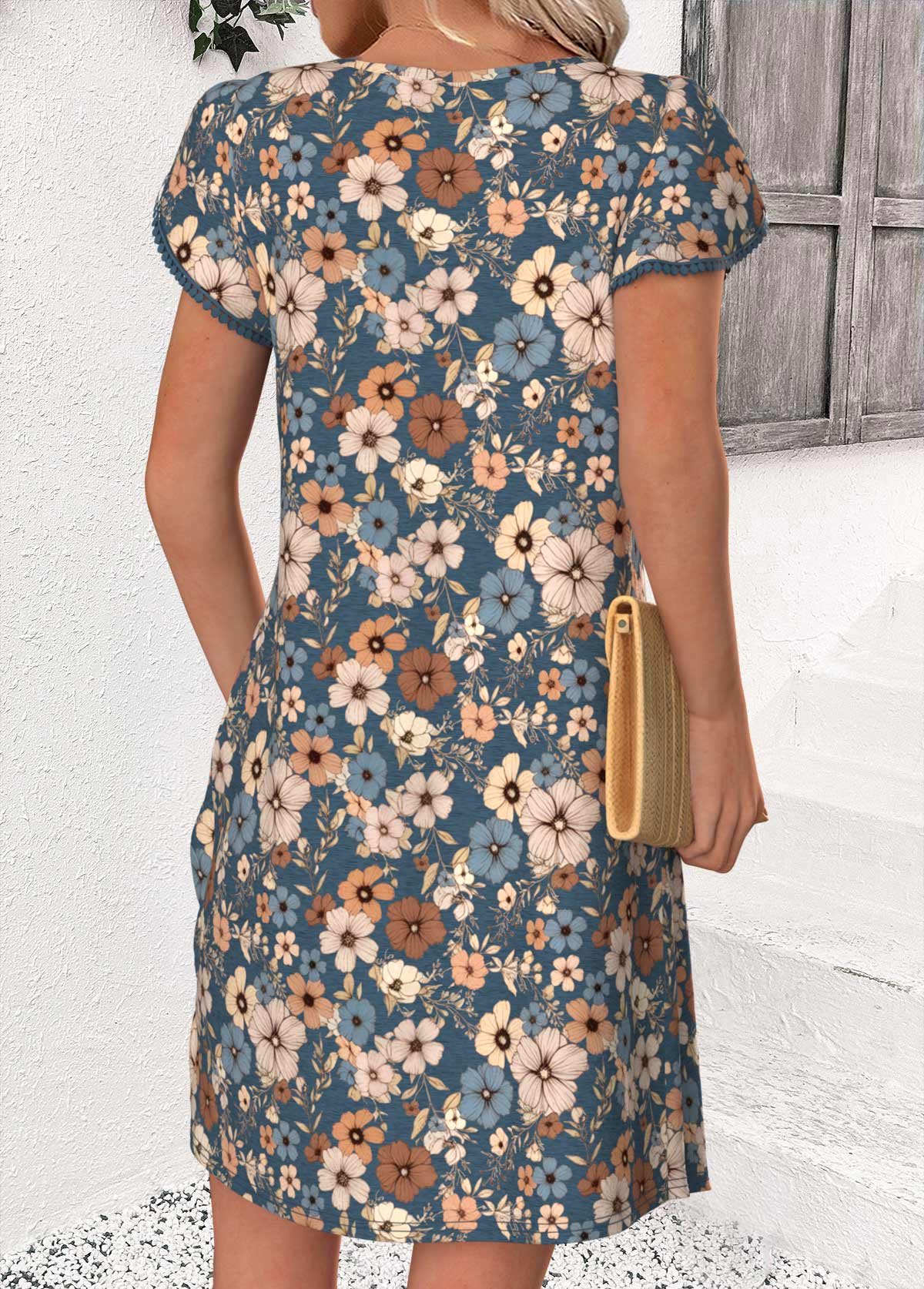 Peacock Blue Floral Print Short Patchwork Asymmetrical Neck Dress | picture 